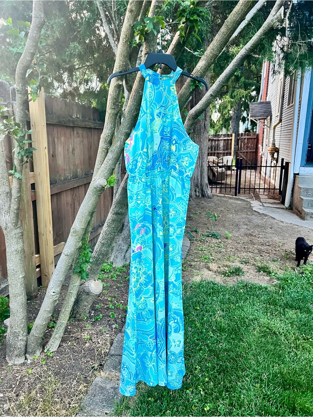 Pastel floral empire waist Racerback maxi dress L butter yellow turquoise